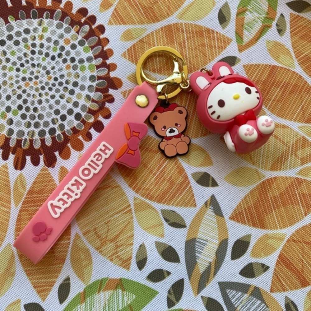 Retro Style Hello Kitty Key Chain with Teddy Bear Charm New